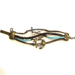 Brown White Aqua Love Cross Anchor Leather Wrap Bracelet 8”